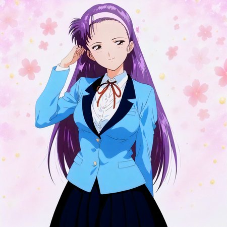 <lora:ZSBGP0_saionji_reikoXLanimagine001>,
masterpiece,high score,great score,absurdres,
flower background,glitter,
smile,
looking at viewer,
solo,
anime coloring,1990s \(style\),
saionji_reiko\(zenkoku_seifuku_bishoujo_grand_prix\),1girl,purple hair,long hair,hairband,forehead,brown eyes,
blue blazer,neck ribbon,
black skirt,pleated_skirt,
cowboy shot,
standing,