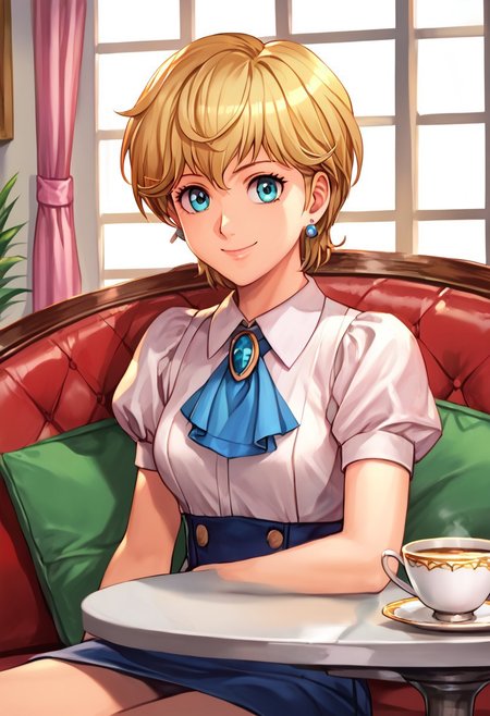 score_9, score_8_up, score_7_up, source_anime, , (best quality) , (highly detailed) , (best quality) , (highly detailed) ,((masterpiece)), ((best quality)), (ultra-detailed), ((extremely detailed)), (high resolution), 4K, (8K), best quality, (beautiful), (dynamic lighting), (super detailed skin), sharp focus, (1_girl, solo focus), shiny skin, masterpiece ,absurdres ,detailed face ,<lora:pony_xl_Hildegard:0.8>,Hildegard,score_9,score_8_up,1girl,female,kawaii,solo,short hair,earrings,suit,white collared shirt,ascot,brooch,upper_body,looking_at_viewer,smile,closed mouth,sitting,couch,table,window_,curtains,stretching your spine,cup,teacup,saucer,parody,, cinematic lighting, Intricate, High Detail, Sharp focus, dramatic, masterpiece, best quality, ultra-detailed, detailed, detailed body, detailed face, UHD, kawaii, cute, very big eyes, Aesthetic Anime Eyes,  (8k, masterpiece, best quality, ultra-detailed),
