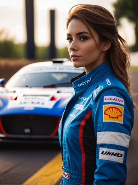 A dynamic cinematic photograph of Anna_Bianchi_P_MXAI_SDXL , wearing a full race-car driver suit, standing next to a race-car, winking expression,, SK_CINEMATIC, ziprealism