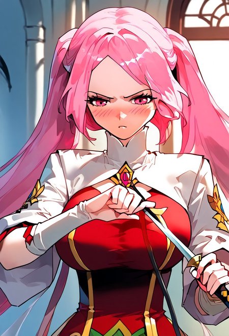 score_9,score_8_up,score_7_up,score_6_up,
source_anime, (best quality), (masterpiece), (extremely detailed), (finely detailed), (detailed face, perfect face, perfect eyes, beautiful detailed shading), (perfect hands), (full colors), blush, 
BREAK, 
cowboy shot, upper body,
1girl, solo, 纳兰嫣然, pink hair, twintails, long hair, pink eyes, large breasts, holding a sword, action pose
