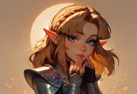 score_9, score_8_up, score_7_up, score_6_up, 1girl, solo,zelda (tears of the kingdom), zelda wearing shiny knight armor,knight armor,  cute freckled face, cute round face, thin waist, sexy legs, short, lidded eyes, steamy, golden hour lighting, warm lighting, good lighting, looking at viewer, cute pose, dynamic pose