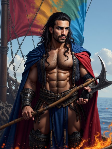 Orhun has blue eyes. He has long black hair, He is an attractive man and is muscular. a painting of a male viking holding an axt and standing on an old viking-ship, 30 years old, open top, hairy chest, multicolored digital art, mages, epic pencil illustration, magical sparkling colored dust, archwizzard in a hat, computer painting, colored smoke, vibrant cmyk dye overpainting, fantasy game spell icon, alchemy, casting epic spell, very magical and dreamy, elder scrolls art,