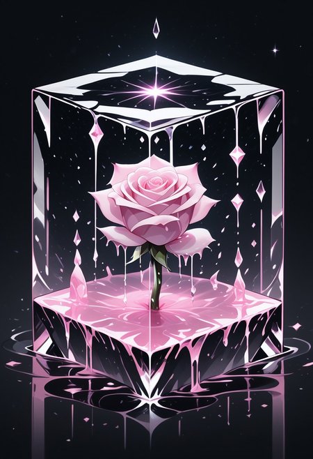 (masterpiece), best quality, Anime, Illustration, (Floating Cube, Crystal, Magic, Reflection, Melting, Dripping, Pink Rose), Black Background, No Humans, Starry Theme, (Light Refraction), White and Pink Theme, Natural Lighting, Verynsty