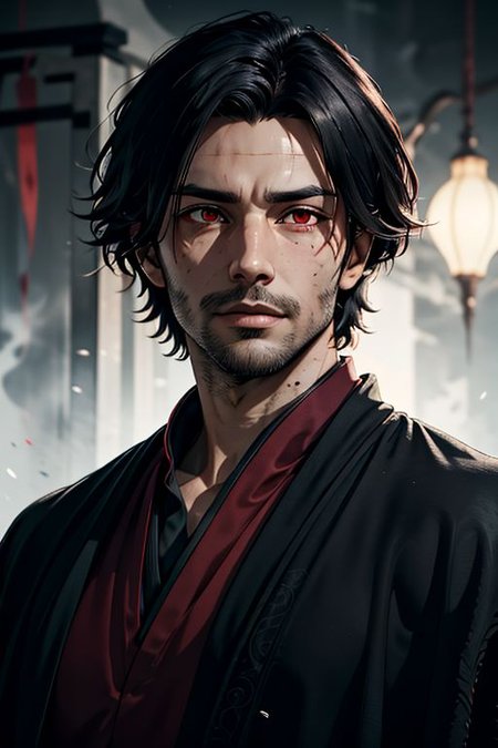 Master piece, highest quality, highest possible OverallDetail, semirealistic,  red eyes,
Create an elder of a demonic sect.
The character looks like he is in his late twenties or early thirties. He is handsome.
He has black shoulder-length shaggy hair. 
His outer robe is black and the inner robe is dark red. 
His eyes are dark red. Detailed face. Red robe.