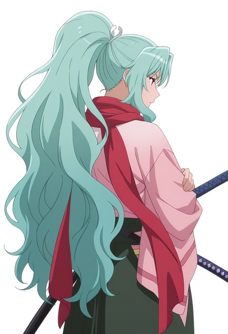 Smooth Quality,masterpiece, ultra realistic,
simple background, white background,
from behind,. .,hand on own arm,
 <lora:Tomoecnn:0.8> sofia/cnn, 1girl, long hair, scarf, ponytail, red eyes, japanese clothes, katana, green hair, very long hair,