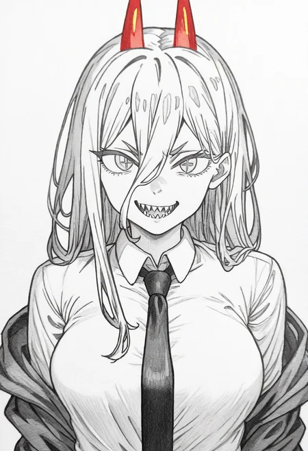 best quality, amazing quality, very aesthetic, absurdres,
monochrome, traditional media, spot color, greyscale,
BREAK
1girl, power \(chainsaw man\), red horns, cross-shaped pupils, long hair, sharp teeth, hair between eyes, symbol-shaped pupils,
collared shirt, black necktie, long sleeves,
looking at viewer, white shirt, open mouth,
simple background, white background, smile, upper body, <lora:CellldrawzzNoob_byKonan:1>