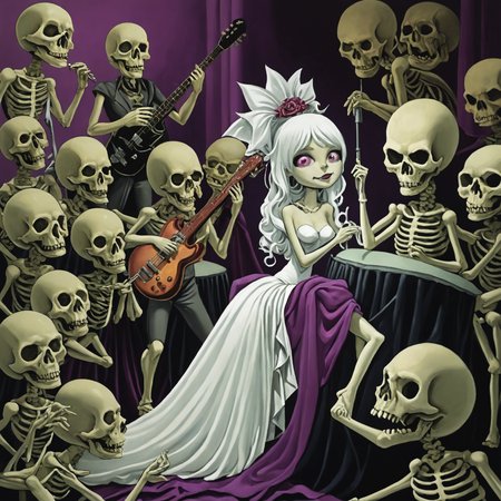 a surreal image in lowbrow art style of a rockband of necromancer musicians in sexy bridal clothing on a concert stage in the anime style of Shueisha, dynamic posture, high contrast lighting, eery and unhinged, A nightmare and horror mood.
