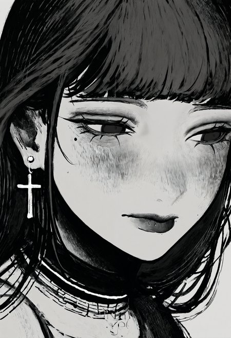 <lora:TnhocXQ=-noobaiXLNAIXL_epsilonPred_V110_V1-CAME>, Tnho, monochrome, greyscale, 1girl, solo, mole under eye, mole, long hair, monochrome, lips, looking to the side, jewelry, closed mouth, earrings, portrait, greyscale, nose, eyelashes, artist logo, cross earrings, cross, blunt bangs, choker, shirt, blush, black hair, spot color