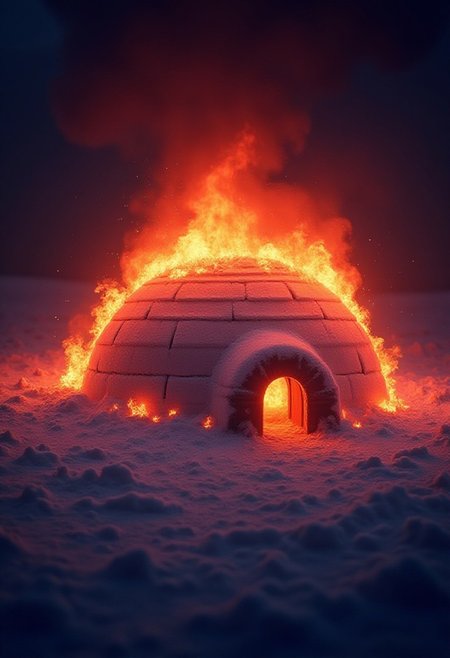 An Igloo completely engulfed in flames, inferno, blazing, concept art, masterpiece, perfect lighting, purple and green flames, 8k, absurdres, massive fire