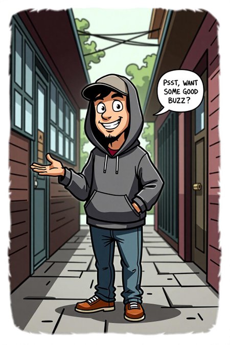 A drug dealer character in a humorous style. The character is wearing a hoodie and baseball cap, with a slightly exaggerated, cartoonish smile. He stands in a casual alleyway setting with one hand outstretched, hA speech bubble next to him says, "Pssst, WANT SOME GOOD BUZZ ?" The vibe is fun and mischievous, with no dangerous elements <lora:schnell_v1.0:1.0><lora:795089942461255239:0>