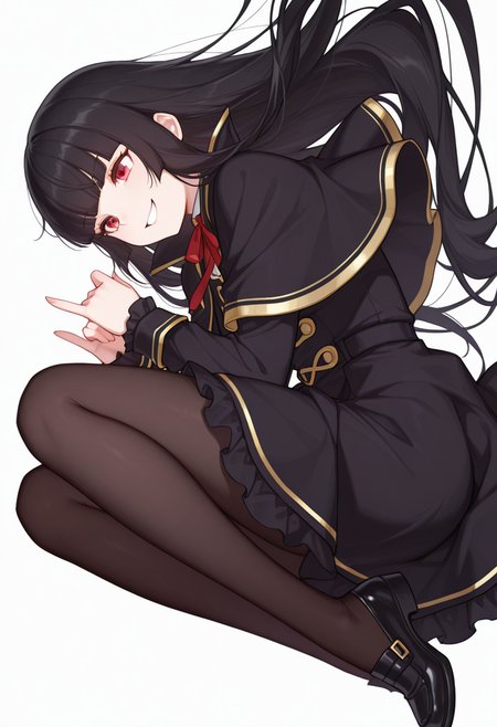 Smooth Quality,masterpiece,very intricate, high quality details, ultra realistic, high detailed skin,detailed enviorement,absurdres,
pinky out,
 <lora:Atre_CNR:0.8> atre_cnr, 1girl, black hair, very long hair,blunt bangs, red eyes,black dress,black capelet, pantyhose, long sleeves, ribbon, shoes,, simple background, white background, sideways,solo,, crazy smile,