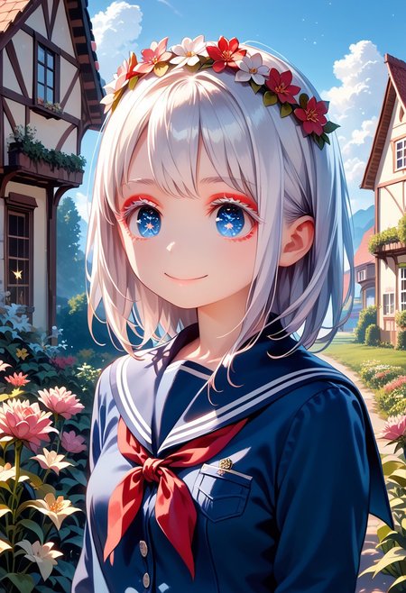 score_9, score_8_up, score_7_up, 1girl, MdaStarouP, masterpiece, best quality, ultra high res, smiling, happy, (detailed eyes:1.2), 8K, Best Quality, Masterpiece, Ultra High Resolution, (Realism: 1.4), Original Photo, (Realistic Skin Texture: 1.3), (Film Grain: 1.3), Sapphire Color Eyes and Beautiful Face Details, Highest Quality Picture Quality, white hair, blue eyes, (red eyeliner), (white eyeshadow), (white eyelashes) ,set in a fantasy world with sparkling stars, fantasy flower crown on her head, school uniform,messy, indoors, clutter, very aesthetic, scenery, outside, house, garden