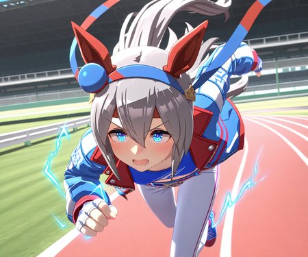 masterpiece, best quality, amazing quality, , 1girl, solo, umamusume, racetrack, running, blue electricity,     <lora:Tamamo Cross in game style ILL-v2:1> ummsmingame, 3d, tamamo cross \(umamusume\), crop top, blue jacket,