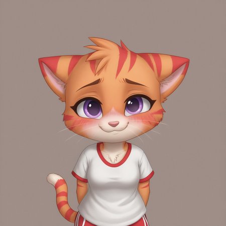 SuperKitties, Anthropomorphic body, Ginny, mammal, furry, orange tabby munchkin, \(artwork\), high quality/resolution, 4K, 2023, solid color background, solo focus, shaded, portrait, fur, female, biped, short stack, purple eyes, red stripes( in between 2 zig zag stripes), cat tail, ears down, chestnut (color) orange thin eyebrows, eyes opened, blushing red face, light pink solid color shirt, oversized shirt, magenta dolphin shorts, looking at the viewer, one eyelash, POV, incoming hug, smiling, sad, mouth slightly open, no hair only fur, shading, oval-shaped head, white whiskers, white vanilla colored hands and feet (paws) close up, head slanted sideways