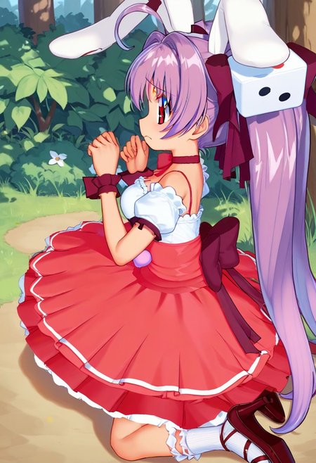 score_9, score_8_up, score_7_up, best quality, uncensored, source_anime, BREAK
1girl, solo, usada_hikaru, ahoge, rabbit ears, dice hair ornament, ahoge, purple hair, twintails, red eyes, ribbon choker, wrist ribbon, dress, usada_hikaru_outfit, red frills skirt, bare shoulders, white socks, high heels,
from side, hands up, Sad, downturned mouth, drooping eyelids, and furrowed brow., outdoors,
<lora:sdxl_lightning_8step_lora:1> <lora:usadahikaru_XL(pony)rev2:0.8>