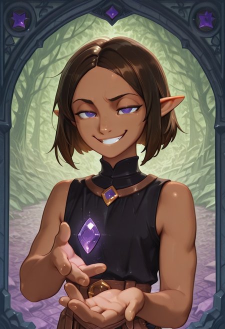 1 Lapanya, solo, Repeta, violet eyes, black sleeveless top,
Grinning, lowered eyebrows, smug expression,
Holding purple gemstone in one hand, 4-sided gemstone, small gemstone,
organic cavern background, 
Medieval style, Smooth colors, detailed eyes, clean lines, high quality, best quality, masterpiece, rating: safe, source: anime,