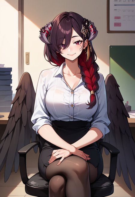 score_9, score_8_up, source_anime, 1girl, solo, Mamarissa, horns, hair ornament, hair flower, long hair, hair over one eye, single braid, multicolored hair, mole under eye, black wings, low wings, indoors, office lady, office chair, sitting, crossed legs, miniskirt, black pantyhose, dress shirt, smile, <lora:ChamMamarissaPonyXL:1>