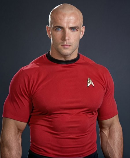 1boy, 20 year old male, Handsome, masculine, blonde, star trek, red shirt, muscle,  tall, tight shirt, wide pectorals, big shoulders, wide shoulders, muscular neck, German, bald, big pale blue eyes, abs, biceps,

stunf, star trek uniform,