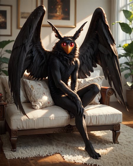 score_9, score_8_up, score_7_up, intricate details, rating_questionable,
<lora:homri52:1>
,
<lora:Mothman:0.8>, 1boy(Mothman, red eyes, black fur, wings, mouthless, looking at the viewer, solo, happy, 
full body, typical clothing, sitting on sofa) comfy living room,
highres,
detailed background, depth of field, 
<lora:ral-chrosc-clr:0.5>, ral-chrosc-clr,
<lora:Expressive_H:0.5>, Expressiveh,
<lora:xl_more_art-full_v1:0.3>,
<lora:add-detail-xl:0.3>,