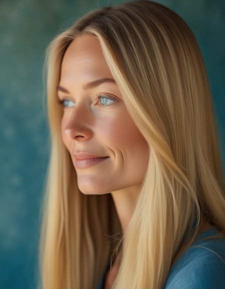A serene profile of a woman with long, straight blonde hair, her oval face peaceful and calm, her blue eyes closed in meditation, her lips gently curved in a contented smile, exuding tranquility. <lora:usual-portrait-v2:1>