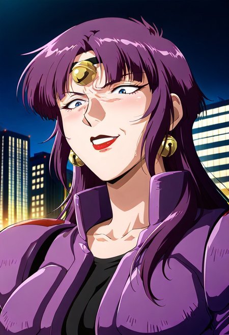 ((masterpiece, absurdres)), best quality, amazing quality, newest, 4k, anime coloring, very aesthetic, ray tracing, Smooth Quality, CG, source_anime,street view,city,night, moonlight,Fuala,blue eyes, 1 mature female, long hair, purple hair, red lips, bell headband, bell earrings, purple pilotsuit,black t-shirt,mad expression