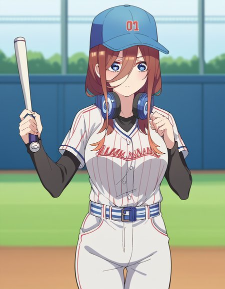 score_9, score_8_up, score_7_up, source_anime, <lora:miku-nakano-s2-ponyxl-lora-nochekaiser:1>, miku nakano, long hair, bangs, blue eyes, brown hair, hair between eyes, headphones, headphones around neck, large breasts,, <lora:baseball-uniform-ponyxl-lora-nochekaiser:1> baseball uniform, baseball, striped belt, shirt under shirt, sportswear, ribbed shirt, baseball helmet, baseball bat, baseball jersey, baseball field, holding baseball bat,, , cowboy shot,