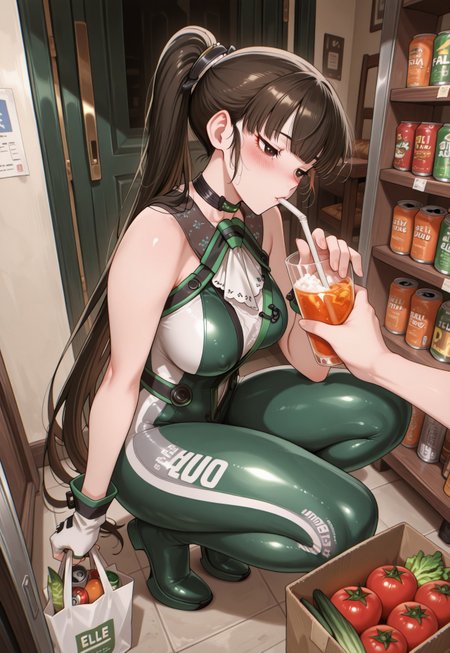 masterpiece, best quality, amazing quality, very aesthetic, absurdres, newest, chromatic aberration, (solo), 1girl, evesb, brown eyes, black hair, ponytail, blunt bangss, ( pink blush:1.3), medium breast, ,,, shiny skin,,, masterpiece, best quality, anime screencap, adult woman, simple anime style, detailed pupils, newest, masterpiece, best quality, amazing quality, in casual clothes sits on the chair, leaning on one hand. In the other hand, she holds a glass with a straw and an orange drink. squatting. She also holds a shopping bag filled with groceries — cans, boxes, tomatoes, and other items. The bag appears full, with a visible receipt sticking out. products fall out of the bag. Background is solid dark green, emphasizing the figure and colorful elements, <lora:detail_slider_v1_000000450:5> <lora:TrendCraft_The_Peoples_Style_Detailer-v1.0A-3_13_2025-illustrious:0.2>