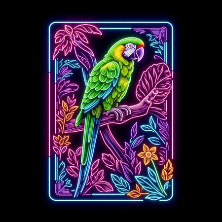 Neon Poster style, a parrot perched on a branch in the jungle