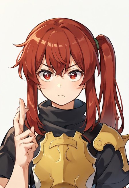 score_9, score_8_up, score_7_up, 
1girl, solo, mayaofp, red hair, long hair, side ponytail, red eyes, black shirt, short sleeves, armor, breastplate,serious, muryokusho, upper body,