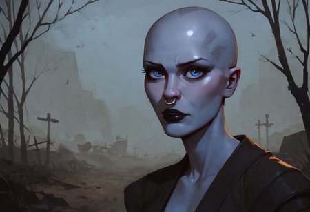 safe_pos, score_9, score_8_up, score_7_up, score_9, score_8_up, score_7_up, a rattataki female alien from star wars who is wearing a raider outfit, has a bald head, grey skin, blue eyes, the picture should look like an adult movie poster. Toned female, black lips, nose ring, in a wasteland, smooth bald head, showing off her tits, nsfw, 