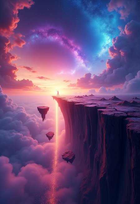 An abstract rendering of the edge of the world, where reality blurs into the surreal. The scene features a vast, crumbling cliff that seems to dissolve into an endless void, with the sky above shifting through a spectrum of vibrant, otherworldly colorsâdeep purples, electric blues, and fiery oranges. Fragments of the ground float weightlessly, suspended in mid-air, as if gravity itself has unraveled. Wisps of ethereal mist curl around the edges, mingling with shimmering particles of light that cascade into the abyss. The horizon bends and warps, as if pulled by an unseen force, creating a mesmerizing, dreamlike effect. The image is captured in a wide, panoramic shot, with dynamic lighting that accentuates the surreal textures and the stark contrast between the solid ground and the infinite void beyond. The overall composition evokes a sense of awe and mystery, as if peering into the very fabric of the universe at the brink of its existence <lora:Dever_Flux_Enhancer:0.5>