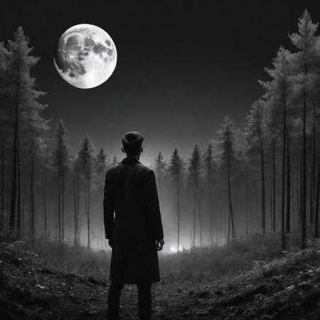 man in black, white hear, forest at background, rad moon on the dark sky