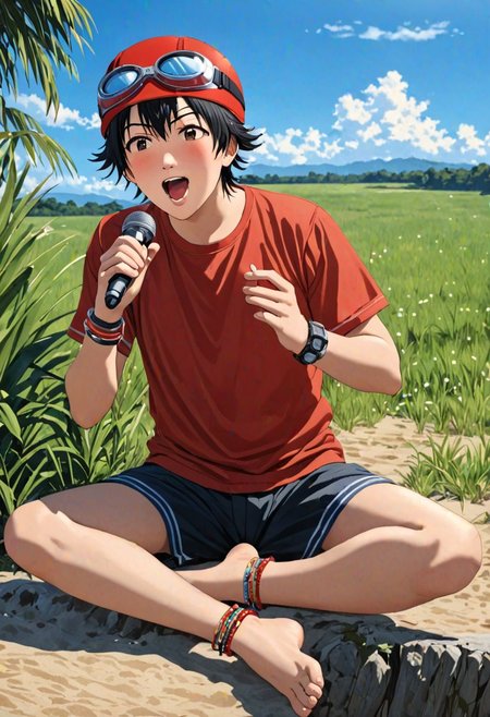 Highres, Masterpiece, High Quality, 4K, Yuusuke Fujisaki, 1boy, solo, black hair, singing, Realistic Light, candid photo, red hat, goggles, bracelet, anklet