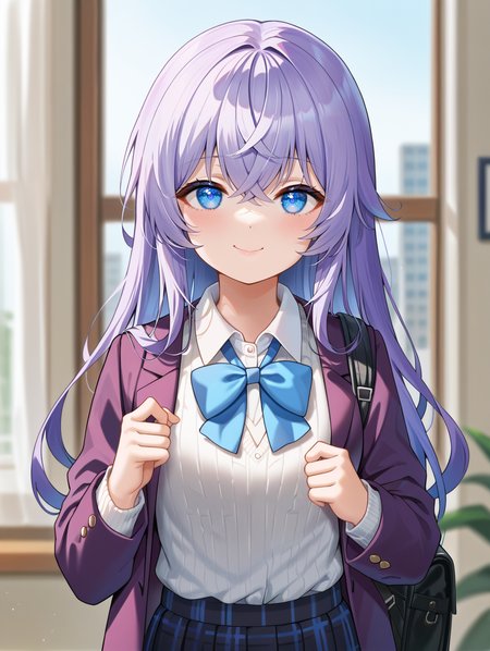 1girl, 
solo, depth of field, smile, plaid, collared shirt, purple jacket, skirt, grey sweater vest, pleated skirt, black skirt, closed mouth, jacket, crossed bangs, looking at viewer, long sleeves, white shirt, bow, purple hair, upper body, neck ribbon, bowtie, blue eyes, sidelocks, blue bowtie, open clothes, shirt, open jacket, blazer, ribbon, blurry background, dress shirt, long hair, blurry, blue bow, hair between eyes, plaid skirt,
A young girl with purple hair and blue eyes. she is standing in front of a window with white curtains. she has a backpack slung over her shoulder and is holding onto the handle of the door with both hands. the background is blurred, but it appears to be an indoor space with large windows that let in natural light.
score_9, score_8_up, score_7_up, source_anime
 <lora:style016:0.8>
