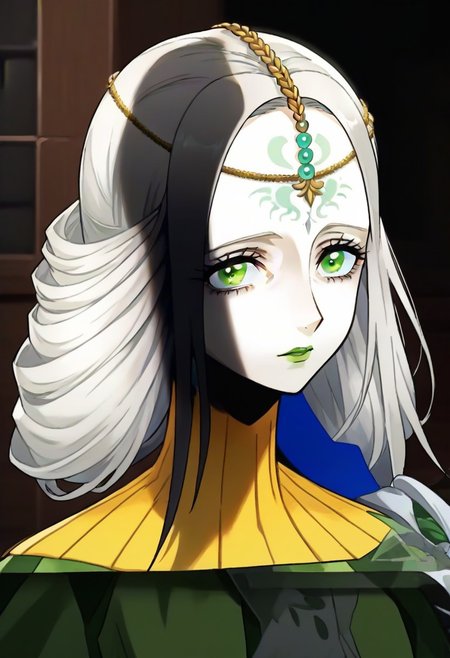 source_anime, 1girl, white skin, grey hair, forehead tattoo, green eyes, green lips, hair decoration, head chain, wrinckles, high yellow collar, medieval dress, white and green dress,<lora:Joanna_-_Metaphor_ReFantazio_-_Pony:1>