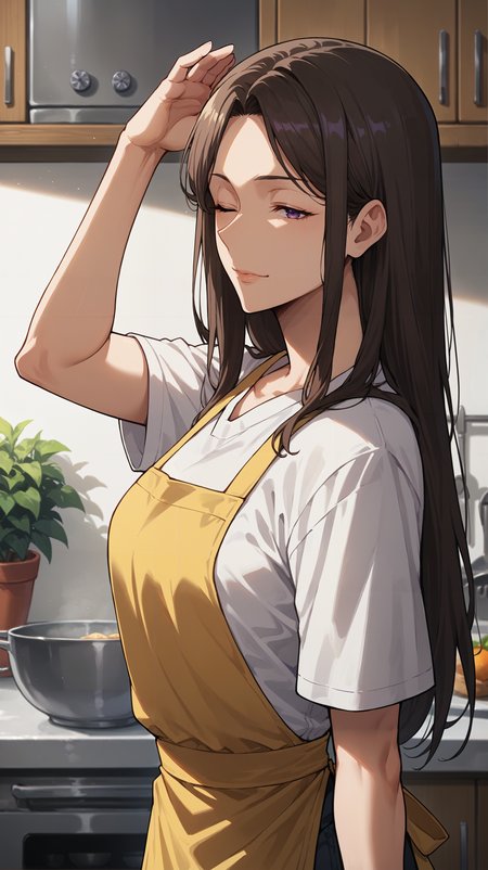 score_9,score_8_up,score_7_up,score_6_up, source_anime, woman, winking, dynamic pose, <lora:Kyung-Hye Park - Pony-000004:0.8>, older, aged up, long hair, brown hair, purple eyes, white shirt, yellow apron, kitchen, soft colors, upper body,