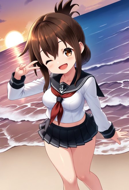 score_9,score_8_up,score_7_up,source_anime,anime, (nsfw:1.0), BREAK, 
yapo, 
1girl, inazuma \(kancolle\), (medium breasts), (shortstack:1.2), brown hair, folded ponytail, long hair, brown eyes, (tareme:1.2), 
serafuku, black sailor collar, black mini skirt, long sleeves, neckerchief, sailor collar, 
(smile), small open mouth, wink, 
head tilt, 
(angle:random),  
outdoors, warm light, beach, sunset,