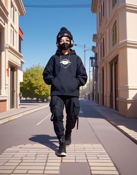 zPDXL2, <lora:TechwearV2:1>, t3chwear, 
1girl, cute face, detailed eyes, long black hair, blue eyes, black face mask, black beanie, walking on a sidewalk, headphones, hands in pockets, full body