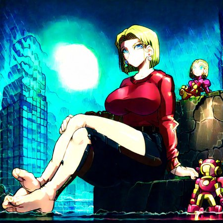 Zoomed out shot, 1girl, blonde hair, blue eyes, short hair, earrings,,masterpiece, best quality, very aesthetic,Rella, rollua, HD, 8K, hyper detailed, neon, Christmas, 
 holding a neon rimmed teddy bear,,smiling widely, 
extreme neon lighting in the dark, high contrast, glowing,ruined background, collapsed cityscape, sitting on ruined building, raining, science fiction,  low light, dramatic lighting, darkness, , eye lighting,, water,, neon,, spotlight, reflection, nutcracker,wooden , destruction, ruined, collapsed, flooded, extremely detailed, ddpapa, sysdeep_android18, feet, feet in frame, mature female, milf, motherly, clothes ,T5UM4N3T0R1,ddpapa