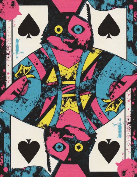 Create a bold and visually captivating playing card design with a symmetrical flip layout featuring a pop-art-inspired cat face in a vibrant, graffiti-like style. The cat face is rendered with dynamic, abstract shapes in bright, contrasting neon colors like pinks, blues, yellows, and greens. Its expressive features include exaggerated, oversized eyes and bold, sharp whiskers, emphasizing a playful and artistic aesthetic. The symmetrical layout mirrors the cat's face perfectly on both the top and bottom halves of the card, maintaining alignment for a classic playing card design. Surround the cat with graffiti-like textures, including splattered paint, spray-painted strokes, and edgy urban patterns, creating a street-art-inspired vibe. The background is textured with a faded brick or concrete design, blending gritty urban elements with vibrant pop-art energy. Subtly incorporate a cat paw print as the card suit symbol, harmoniously integrated into the overall design. The composition balances the symmetry and structure of a playing card with the chaotic and colorful creativity of graffiti and pop art. The final image should exude energy, modernity, and artistic flair, making it a standout piece,  <lora:aidmaMJ6.1v0.4:0.6> aidmaMJ6.1,  <lora:Playing_Card_Pictures_-_FLUX_-_v0.3:1>