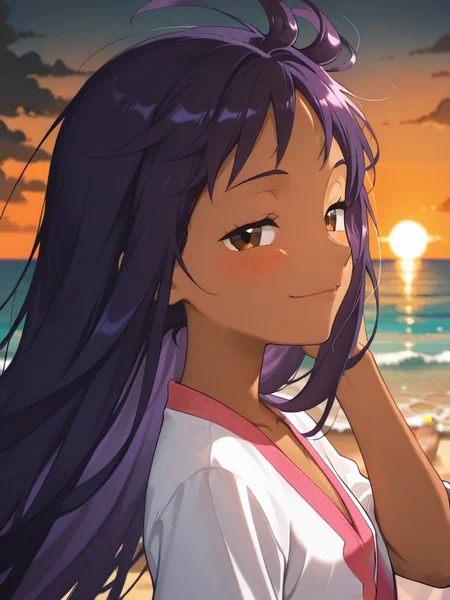 <lora:ILDetailer:1>(portrait:1.2), depth of field, horizon, ocean, twilight, orange light, 
1girl, beach,  barefoot, wind, hand in own hair, seductive smile,blush,  half-closed eyes,  from side,looking at viewer, 
<lora:iris_champion_2:1.0> iri5cham1on,dark-skinned female, dark skin, brown eyes,
purple hair, very long hair, (alternate hairstyle,:1.3)  (straight hair,:1.2)
white shirt, pink v-neck,   <lora:Light_from_Below__Low_Angle_Lighting:1> lfb,Dark, High contrast, Dynamic lighting, Dramatic Lighting,, masterpiece, high quality, absurdres, best quality, very aesthetic, newest,