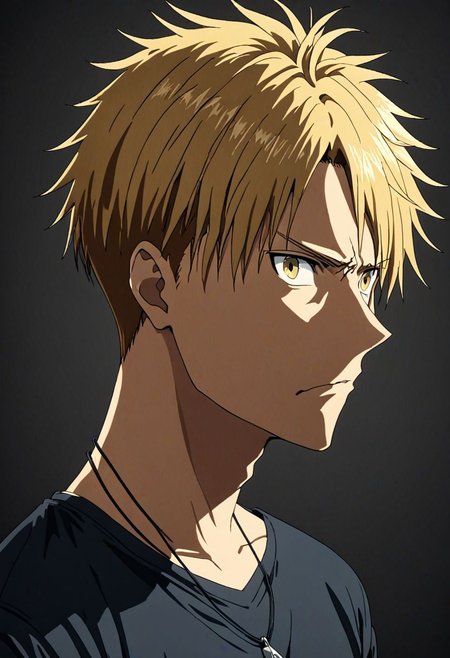 high resolution, solo, best quality, 1Boy, Yamato Ishida, Blond Hair, Necklace, potrait, dark shirt, looking at viewer, focused gaze forward, simple background, straight body, upper body, head upright, disgust, OverallDetail