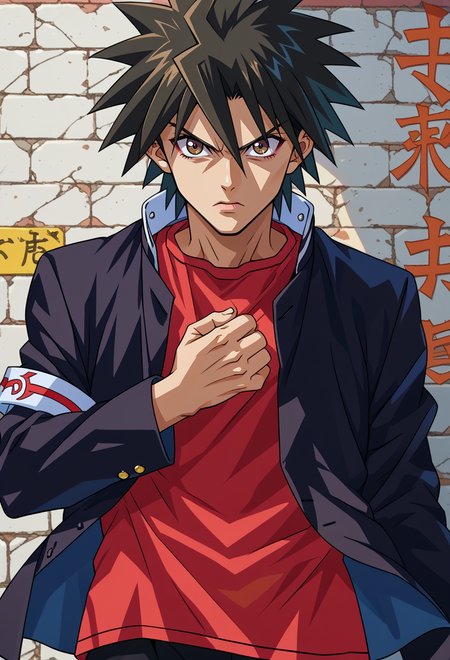 score_9, score_7_up, source_anime, BREAK <lora:AEKazuki:0.7> AEKazukiDef, brown eyes, black hair, spiked hair, gakuran, school uniform, black jacket, long sleeves, open jacket, armband, red shirt, black pants, hand on own chest, determined, serious, clenched hand,