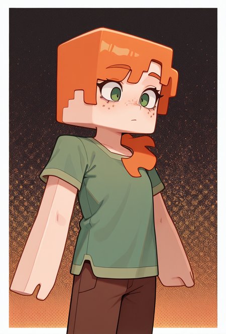 <lora:alexmc-10:1> alexmc, orange hair, 1girl, solo, green eyes, green shirt, brown pants, short sleeves, freckles, square arms,, masterpiece, best quality, amazing quality, very aesthetic, absurdres, newest,, upper body, halftone effect, white borders, abstract background:1.2,