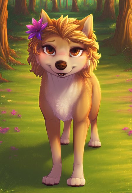 zPDXL, score_9_up, score_8_up,_7_up, score_6_up, score_5_up, score_4_up ,source_furry, best quality, amazing quality, masterpiece, 1girl, looking at viewer, solo, fullbody, cute, blush, cute smile, cute pose, out doors, forest, trees, field, flowers, kate, wolf girl, golden-brown fur, brown eyes, wolf tail, wolf ears, hair flower, <lora:Kate:0.8>, Expressiveh, good_hands, dimwitdog, <lora:dimwitdog:1>, <lora:Expressive_H:0.8>, <lora:Detail_Slider_v1.4_iteration_3:4>, <lora:pony_good_hands:0.8>