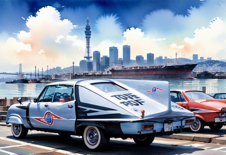 A watercolor painting of a car. A car parked near Kobe Port. In the background you can see a tanker,and beyond that you can see Kobe Tower and skyscrapers. The sky is blue and the overall atmosphere of the image is nostalgic,peaceful and calm. It evokes joy.,Watercolor,Paul Lovering Style,Trending on Artstation,Atmospheric,r,<lora:pointer_sdxl:1>,Pointer,<lora:aesthetic_anime_v1s:0.9>,