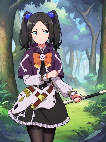 holding staff with 2 hands, looking away, v-shaped eyebrows, smile, confident,
forest background,
 <lora:Tokishikko_Pony:1> Tokishikko_Dana, blue_eyes, black_hair, long_hair, twintails, parted_bangs, small_breasts, hair bobbles, purple_capelet, black_dress, frills, black_pantyhose, belt, long_sleeves, orange_bow,, masterpiece,best quality, highly detailed, score_9, score_8_up, score_7_up, score_6_up,source_Anime,