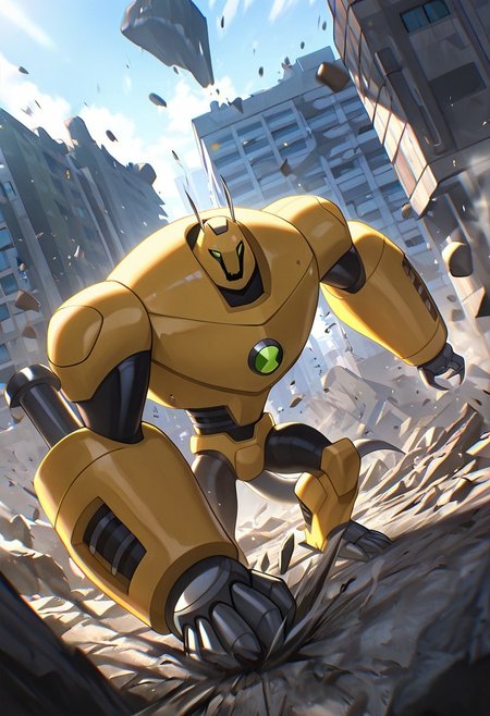masterpiece, best quality, amazing quality, very aesthetic, absurdres, newest,, detailed background, 
armadrillo, robot, claws, yellow armor, grey tail, antennae, green eyes, massive arms, yellow helmet, mecha
destroyed city, falling rocks, earthquake, daytime, punching ground,