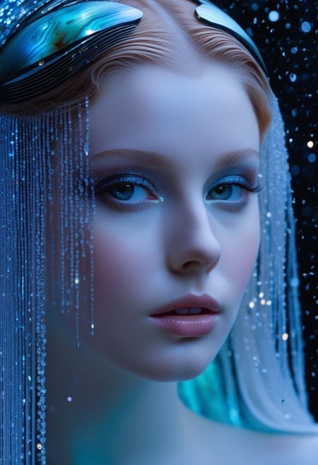 long shot, highest esthetic score, photo of a exquisitely beautiful pale skin  european 1girl, 20yo, modern implementation of sci-fi  "botichhelli The Birth of Venus" fantastic epic masterpiece, starlight falls on beautiful young face. Depth of field, insane details:1.4,  ultra detailed, absurdres, 1:280f Zeiss lens, long aperture, abalone shell, fiery opal, platinum, obsidian