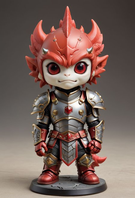 Cute little happy miniature chibi draghon with big comically bright red eyes, wearing armor and converse plated armor, arms crossed